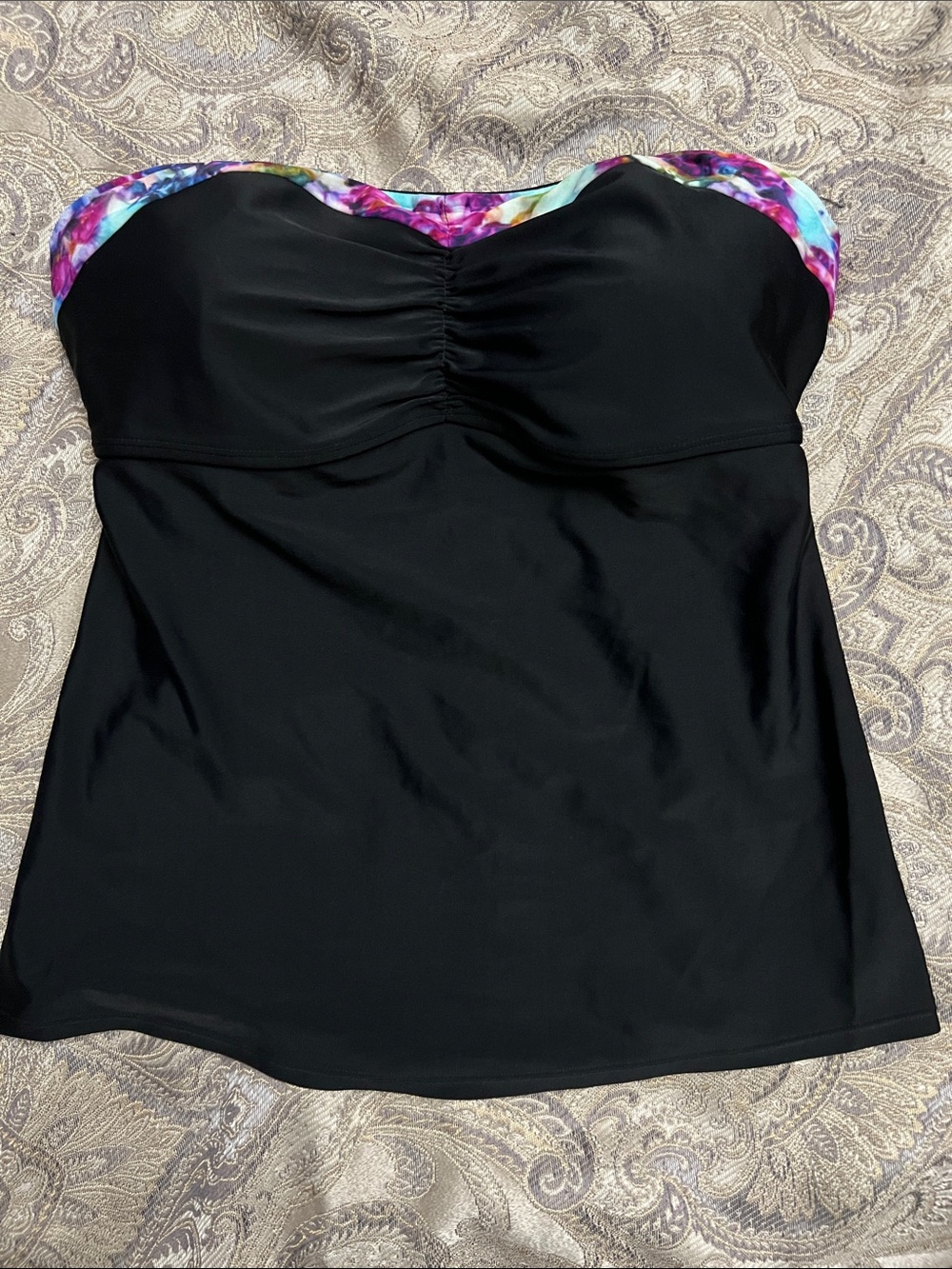 Athleta Black Strapless Tankini top with Blue-Purple Floral Accent, 36D/DD, EUC